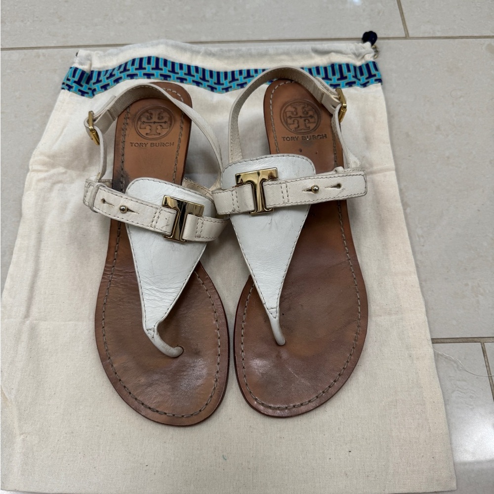 Tory Burch White and Brown Leather Sandals